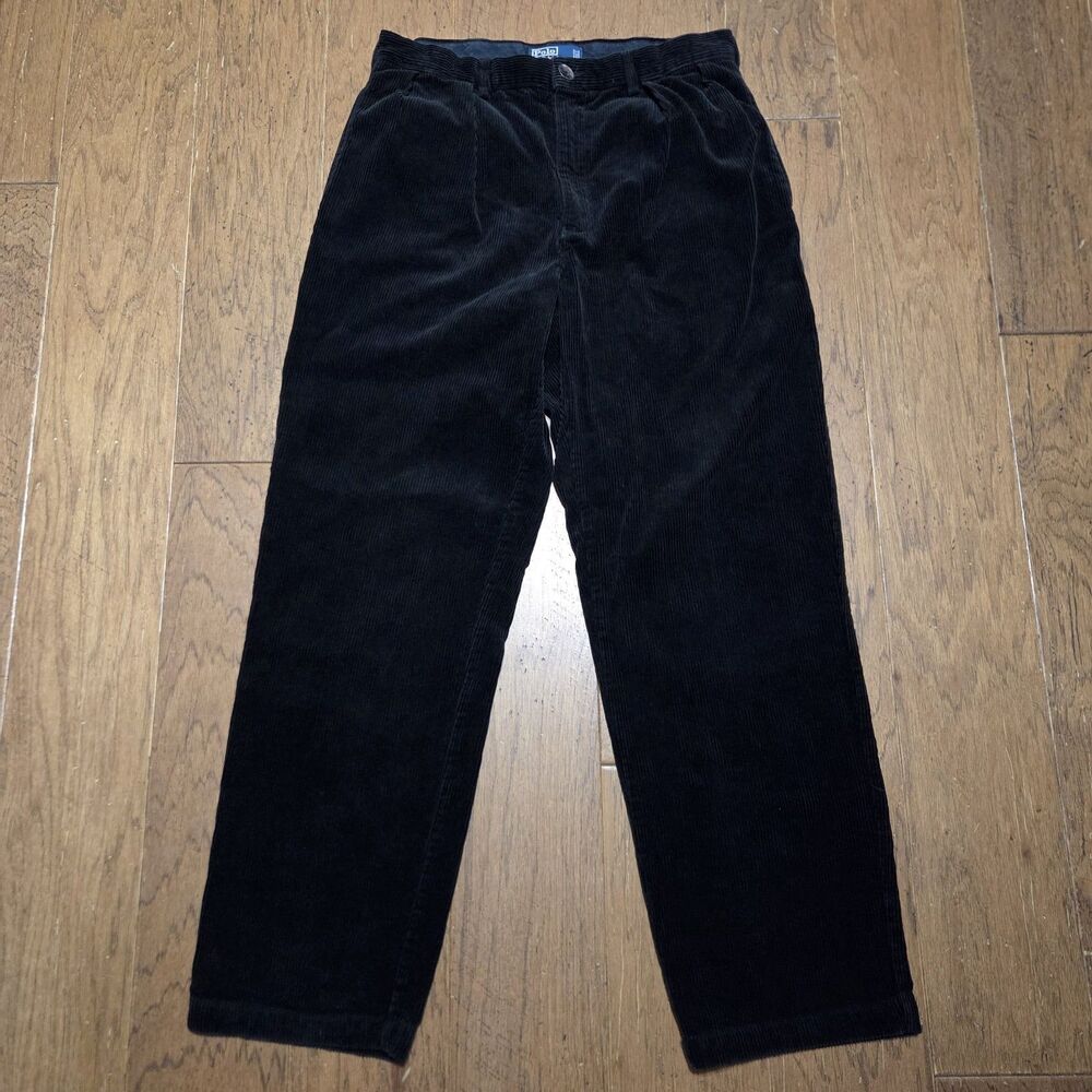 Vtg Polo Ralph Lauren Black Andrew 100% Cotton Pleated Corduroy Pants Mens 34x32